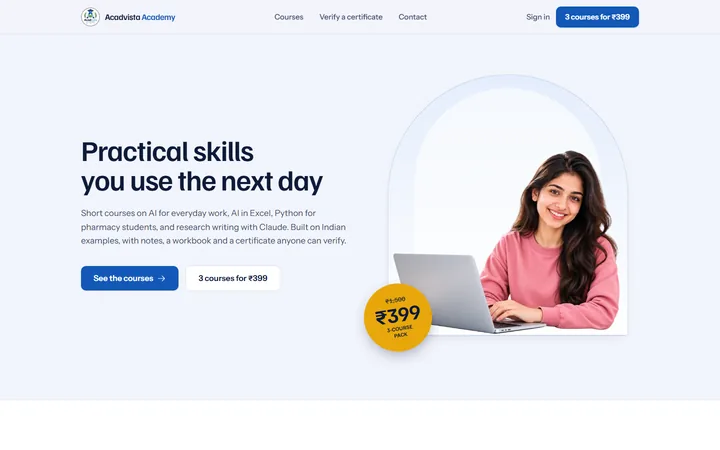 The Acadvista Academy homepage, with courses from ₹99 and a 3-course pack for ₹399